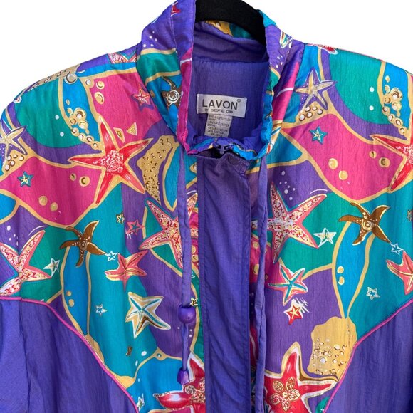 Lavon Vintage 80s Starfish Print High Collar Purple Swishy Windbreaker Jacket S - Picture 3 of 11